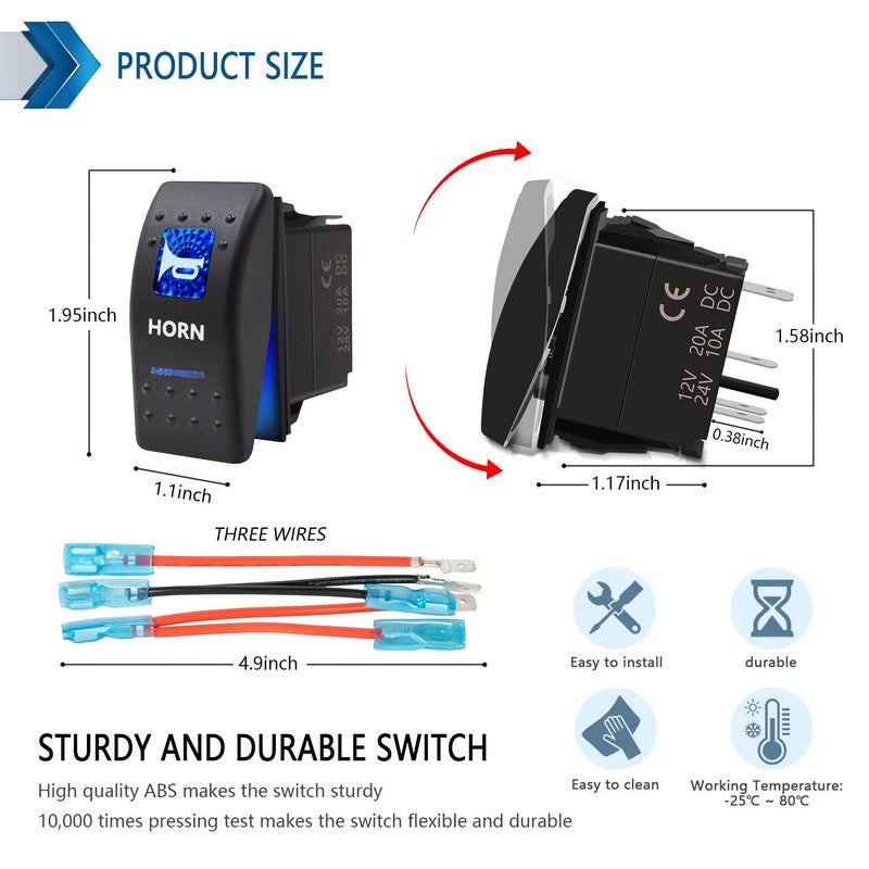 KEING Momentary Horn Button Waterproof Rocker Switch Toggle - ON/OFF Blue LED Light - 12V 20Amp 24V 10Amp, 5 Pin For Automotive Cars Vehicles Marine Boats Trucks Trailers 4x4 Caravans RVs SUV ATV UTV & More - Image 2